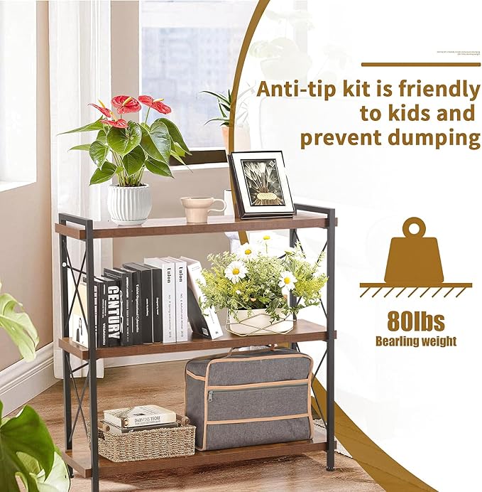 Industrial Bookshelf,Rustic Open Shelf Bookcase,3 Tier Book Shelf for Bedroom Office Living Room,Small Bookshelf for Small Spaces with Metal Frame - LeafyLoom
