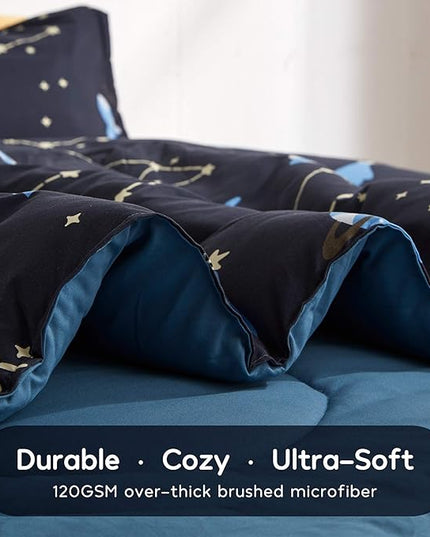 SLEEP ZONE Kids Twin Bedding Comforter Set - Super Cute & Soft Kids Bedding 5 Pieces Set with Comforter, Sheet, Pillowcase & Sham (Navy Galaxy) - LeafyLoom