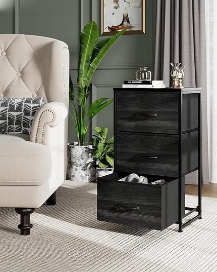 Nicehill Nightstand, Dresser with 3 Drawers, Bedside Table Chest of Drawers, Small Dresser for Bedroom, Kids' Room, Closet, Kids Dresser with Wooden Top Steel Frame, Modern, Black Wood Grain - LeafyLoom