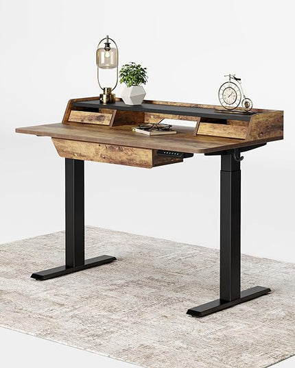 FEZIBO Standing Desk Adjustable Height with Drawers, 48 x 25 Inch Stand Up Desk with Storage Shelf, Electric Standing Desk with Storage Space, Rustic Brown Top/Black Frame - LeafyLoom