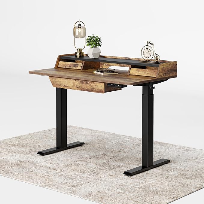 FEZIBO Standing Desk Adjustable Height with Drawers, 48 x 25 Inch Stand Up Desk with Storage Shelf, Electric Standing Desk with Storage Space, Rustic Brown Top/Black Frame - LeafyLoom