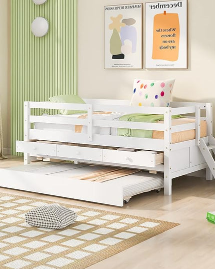 Merax Twin Modern Wood Daybed with Trundle Bed and Drawers Sofa Bed Frame for kids Boys Girls/No Box Spring Needed White - LeafyLoom