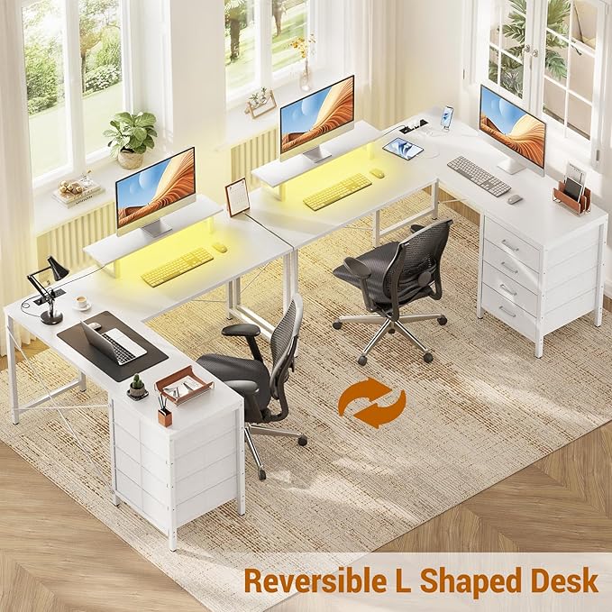 Homieasy L Shaped Desk with Drawers & Power Outlets, Reversible Computer Desk with LED Light and Monitor Stand, 50 Inch Home Office Gaming Work Study Desk with 4 Storage Drawers, White - LeafyLoom