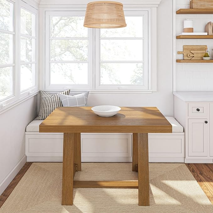 Plank+Beam 48 Inch Farmhouse Dining Table, Rustic Solid Wood Kitchen Table, Dinner Table for Dining Room, Home Office Furniture, Pecan Wirebrush - LeafyLoom
