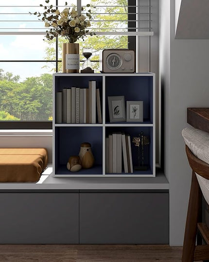 Apexa 4 Cube Storage Organizer Shelves, Stackable Wood Bookcase Fits Cubby Bins for Organization, Dorm Teen Room Decor & Home Office, Steel Blue - LeafyLoom