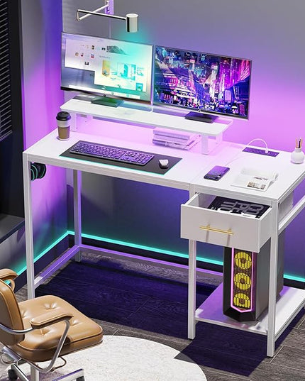 White Computer Desk with Drawer and Power Outlets, 47" Office Desk with Monitor Stand and Sheleves,Writing Study Gaming Desks with Led Light and Headphone Hook for Bedroom - LeafyLoom