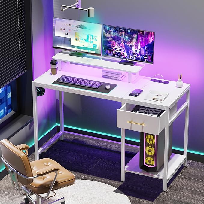 White Computer Desk with Drawer and Power Outlets, 47" Office Desk with Monitor Stand and Sheleves,Writing Study Gaming Desks with Led Light and Headphone Hook for Bedroom - LeafyLoom