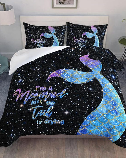 Datura home Bedding Comforter Set Black Starry Sky Mermaid Printed Pattern Quilt with 1 and 2 Pillowcases for Girls Bedroom All Season(Black Full) Full 80x90inches - LeafyLoom