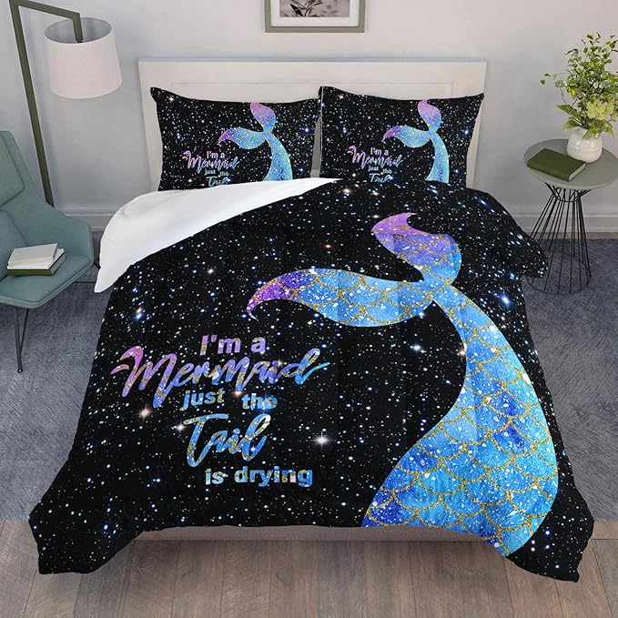 Datura home Bedding Comforter Set Black Starry Sky Mermaid Printed Pattern Quilt with 1 and 2 Pillowcases for Girls Bedroom All Season(Black Queen) Queen 90x90inches - LeafyLoom