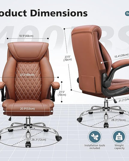 Office Chair, Ergonomic High Back Home Office Desk Chair, Big and Tall Breathable Leather Office Chair with Lumbar Support Flip-Up Armrests, Computer Chair with Rocking Function - LeafyLoom