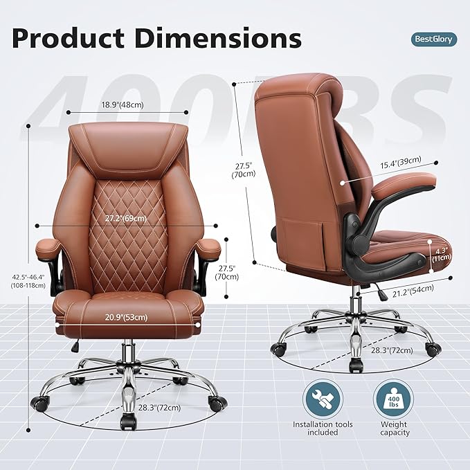 Office Chair, Ergonomic High Back Home Office Desk Chair, Big and Tall Breathable Leather Office Chair with Lumbar Support Flip-Up Armrests, Computer Chair with Rocking Function - LeafyLoom