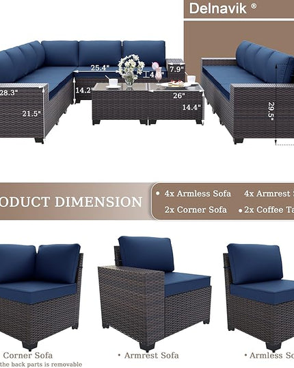 Patio Furniture Set Sofa 12-Pieces Wicker Sectional Sofa Set, Outdoor Furniture Rattan Patio Conversation Set with Thickened Cushions and Glass Coffee Table, Navy Blue - LeafyLoom