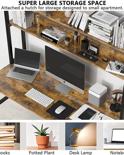 Aquzee Computer Desk with Hutch & Shelves, 47in Wide Desk with Bookshelf, 47“W x 23.6“D x 65“H Tall Home Office Desk, Metal Legs Study Table with Upper Storage Shelf for Study Writing/Workstation - LeafyLoom