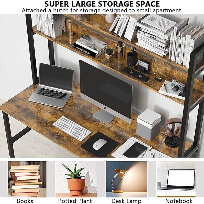 Aquzee Computer Desk with Hutch & Shelves, 47in Wide Desk with Bookshelf, 47“W x 23.6“D x 65“H Tall Home Office Desk, Metal Legs Study Table with Upper Storage Shelf for Study Writing/Workstation - LeafyLoom