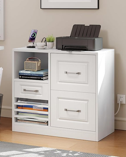 YITAHOME 3 Drawer File Cabinet, Filing Cabinet with Charging Station, Printer Stand with Open Storage Shelves, Fits for A4, Letter, Legal Size Files, White - LeafyLoom