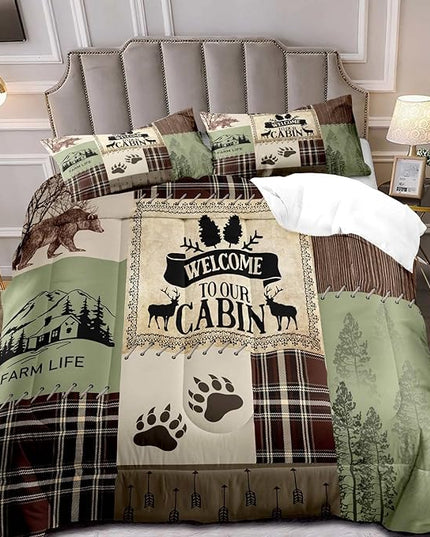 LUVIVIHOME 3PCS Rustic Cabin Comforter Set King Size, Brown Plaid Patchwork Sage Green Quilt, Bear Deer Moose Woodland Forest Animal Hunting Wildlife Lodge Country Farmhouse Bedding, 2 Pillow Shams - LeafyLoom