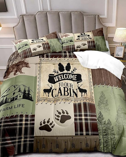 LUVIVIHOME 3PCS Rustic Cabin Comforter Set Queen Size, Brown Plaid Patchwork Sage Green Quilt, Bear Deer Moose Woodland Forest Animal Hunting Wildlife Lodge Country Farmhouse Bedding, 2 Pillow Shams - LeafyLoom