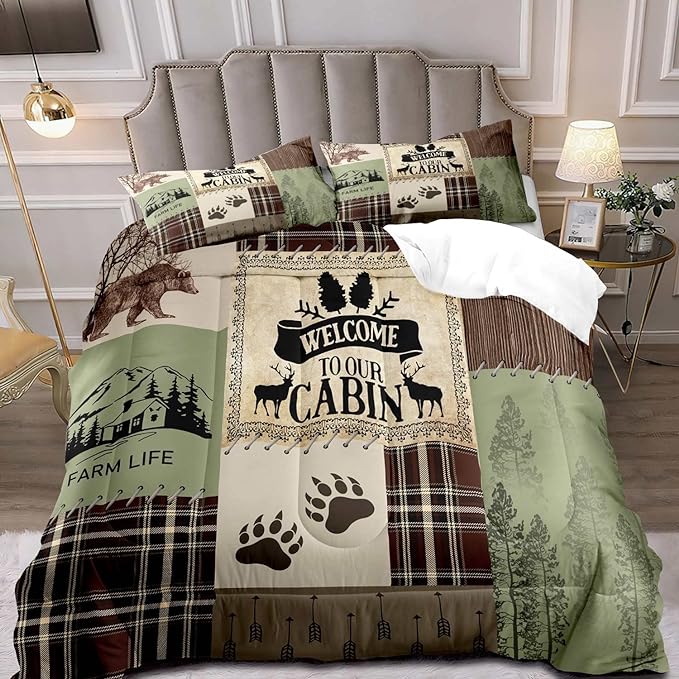 LUVIVIHOME 3PCS Farmhouse Comforter Set Full Size, Brown Plaid Patchwork Sage Green Quilt Bear Deer Elk Moose Woodland Forest Animal Hunting Wildlife Lodge Country Rustic Cabin Bedding, 2 Pillow Shams - LeafyLoom