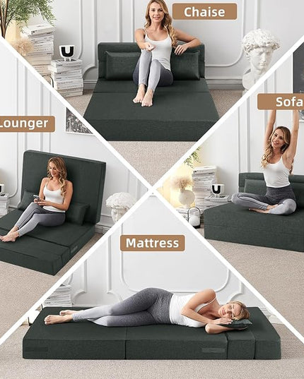 Convertible Folding Sofa Bed - Sleeper Chair with Pillow, Modern Linen Fabric Floor & Futon Couch, Foldable Mattress for Living Room/Dorm/Guest Use/Home Office/Apartment, Queen Size, Dark Gray - LeafyLoom