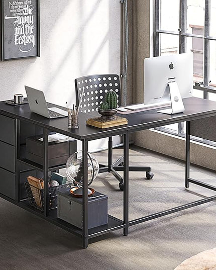 Treesland L Shaped Desk with Drawers, Computer Desk with Storage & Shelves, Corner Desk with Storage, Home Office Desks with Drawers, L Shape Desks with Storage, Black - LeafyLoom