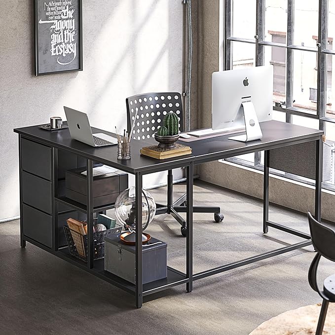 Treesland L Shaped Desk with Drawers, Computer Desk with Storage & Shelves, Corner Desk with Storage, Home Office Desks with Drawers, L Shape Desks with Storage, Black - LeafyLoom
