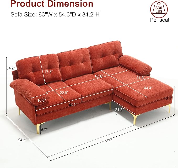 L Shaped Convertible Sleeper Sectional Sofa with Reversible Chaise, 3 Seater Corner Couch Bed with Detachable Pillow Armrest and Golden Metal Legs for Living Room Apartment Small Space - LeafyLoom