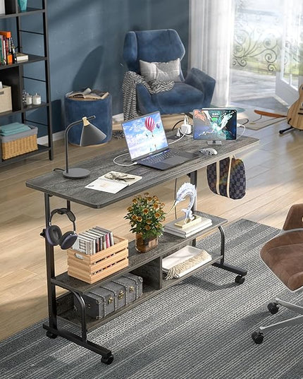 Height Adjustable Standing Desk with Power Outlets, 47" Manual Stand Up Desk with Storage Shelves Small Mobile Rolling Computer Desk Portable Laptop Table with Wheels for Home Office, Grey Oak - LeafyLoom