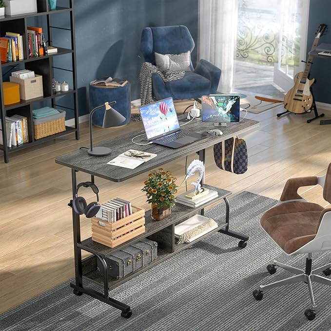 Height Adjustable Standing Desk with Power Outlets, 47" Manual Stand Up Desk with Storage Shelves Small Mobile Rolling Computer Desk Portable Laptop Table with Wheels for Home Office, Grey Oak - LeafyLoom