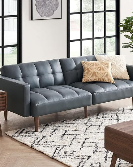 mopio Aaron Couch, Small Sofa, Futon, Sofa Bed, Sleeper Sofa, Loveseat, Mid Century Modern Futon Couch, Sofa Cama, Couches for Living Room, Bedroom (Cloud Gray, Faux Leather) - LeafyLoom