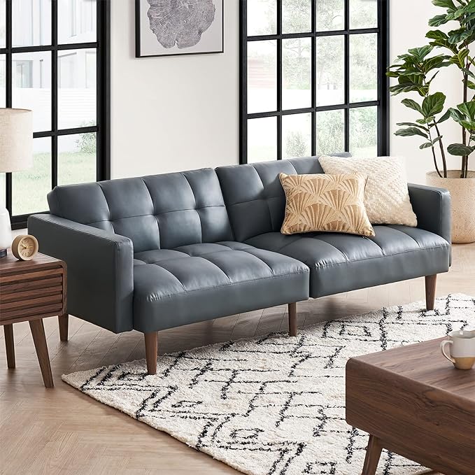 mopio Aaron Couch, Small Sofa, Futon, Sofa Bed, Sleeper Sofa, Loveseat, Mid Century Modern Futon Couch, Sofa Cama, Couches for Living Room, Bedroom (Cloud Gray, Faux Leather) - LeafyLoom