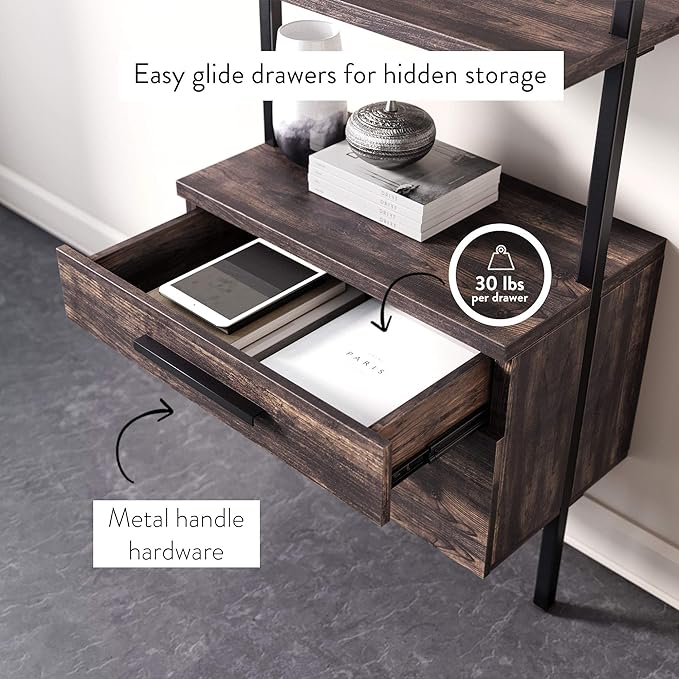 Nathan James Theo Industrial Bookshelf with Wood Drawers and Matte Steel Frame, 3-Shelf, Nutmeg/Black - LeafyLoom