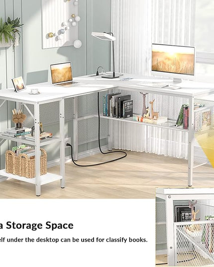 Unikito Magic Portable 4 Outlets L Shaped Desk, Reversible 55 Inch L-Shaped Computer Desk with Storage Shelf and USB Charging Port, Unique Grid Design, Large Gaming Corner Table for Home Office, White - LeafyLoom