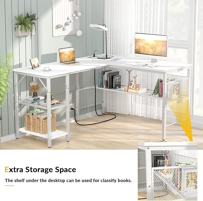 Unikito Magic Portable 4 Outlets L Shaped Desk, Reversible 55 Inch L-Shaped Computer Desk with Storage Shelf and USB Charging Port, Unique Grid Design, Large Gaming Corner Table for Home Office, White - LeafyLoom
