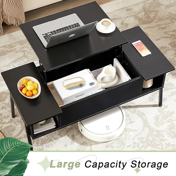 VECELO Wood Lift Top Coffee Table with Hidden Compartment and Storage Shelf for Living Room/Office Reception, Rising Tabletop, Brown, Large, Black - LeafyLoom