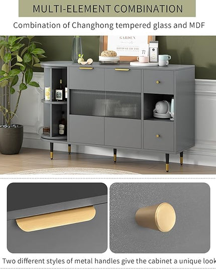 51.1" Rotating Storage Cabinet Sideboard with 2 Doors of Tempered Changhong Glass and 2 Drawers,Wooden Console Table,w/Built-in Shelves & Turntable,for Living Room,Gray - LeafyLoom