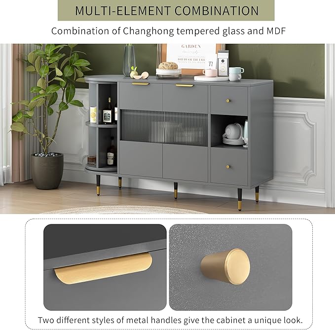 51.1" Rotating Storage Cabinet Sideboard with 2 Doors of Tempered Changhong Glass and 2 Drawers,Wooden Console Table,w/Built-in Shelves & Turntable,for Living Room,Gray - LeafyLoom