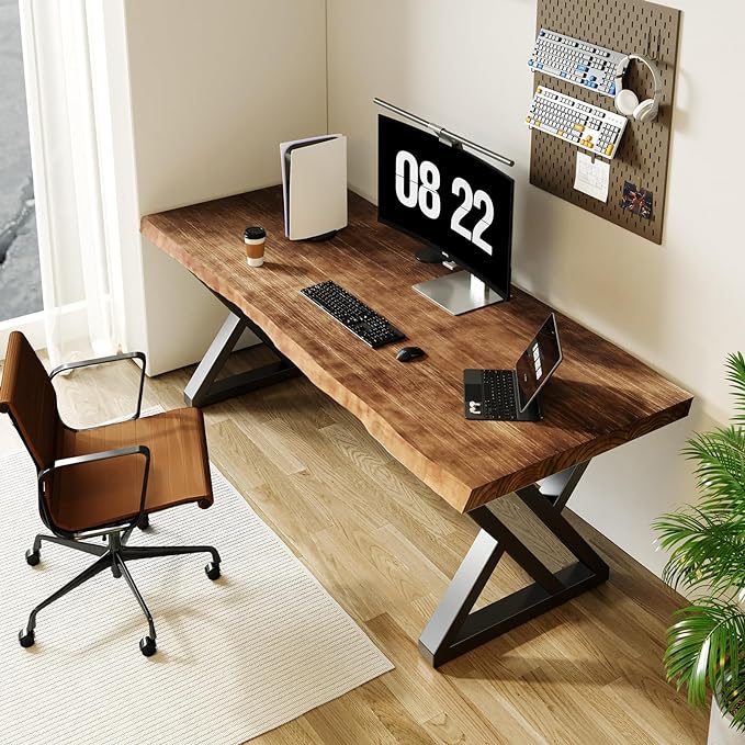 Rustic Style Solid Wood 55-inch Computer Desk - Large Office Desk for Home Office, Modern and Simple Design, Ideal for Study, Writing, Dining - LeafyLoom