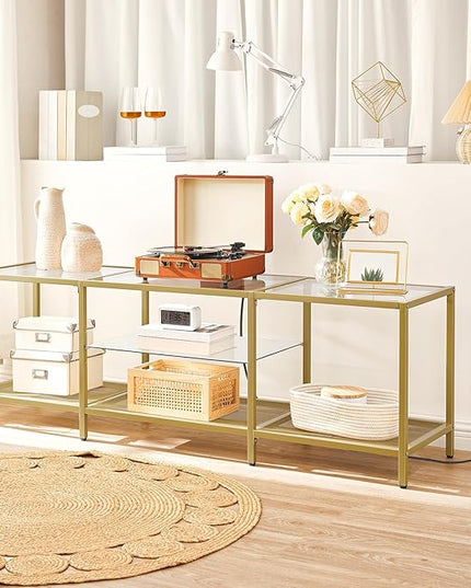 HOOBRO TV Stand with LED Lights and Power Outlets for TVs up to 75", Modern 63 Inch Tempered Glass TV Console Table with Open Shelves, Media Entertainment Center for Living Room, Gold GD165UDS01 - LeafyLoom