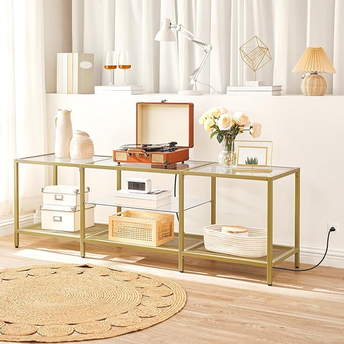 HOOBRO TV Stand with LED Lights and Power Outlets for TVs up to 75", Modern 63 Inch Tempered Glass TV Console Table with Open Shelves, Media Entertainment Center for Living Room, Gold GD165UDS01 - LeafyLoom