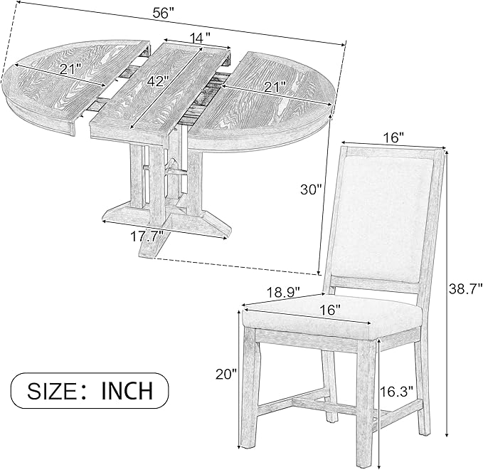 NicBex Small Kitchen Table Set for 4 Round Dining Table Farmhouse Dining Set 5-Piece Dining Set Extendable Round Table and 4 Upholstered Chairs for Kitchen, Natural Wood Wash - LeafyLoom