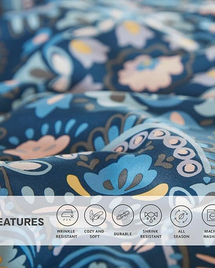 Comfort Spaces Girls Bed in A Bag Floral Comforter Set College Dorm Room Essentials, Complete Dormitory Bedroom Pack And Sheet with 2 Side Pocket Includes Extra Pillowcase Sets, Twin, Medallion Blue - LeafyLoom
