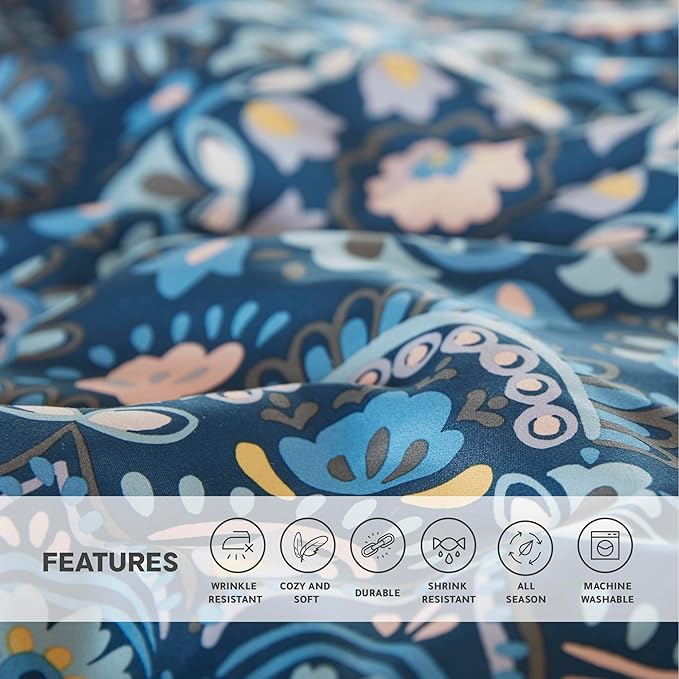 Comfort Spaces Girls Bed in A Bag Floral Comforter Set College Dorm Room Essentials, Complete Dormitory Bedroom Pack And Sheet with 2 Side Pocket Includes Extra Pillowcase Sets, Queen, Medallion Blue - LeafyLoom