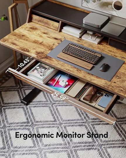 BANTI 48 x 24 Inch Electric Standing Desk with 3 Drawers, Adjustable Height Stand Up Desk, Sit Stand Home Office Desk with Storage Shelf, Rustic Brown Top - LeafyLoom