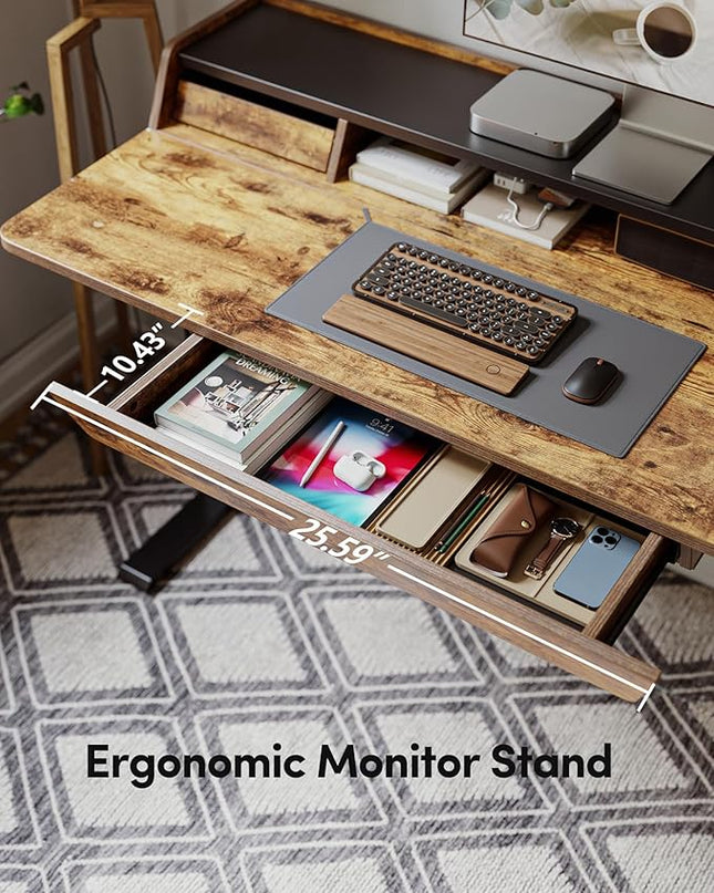 BANTI 48 x 24 Inch Electric Standing Desk with 3 Drawers, Adjustable Height Stand Up Desk, Sit Stand Home Office Desk with Storage Shelf, Rustic Brown Top - LeafyLoom