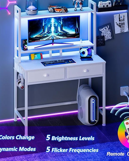 Furologee Small White Computer Desk with Power Outlet and 2 Fabric Drawers, Gaming Desk with LED light, Home Office Desk with Monitor Stand and Hutch for Small Space Working, Study Table with Shelf - LeafyLoom