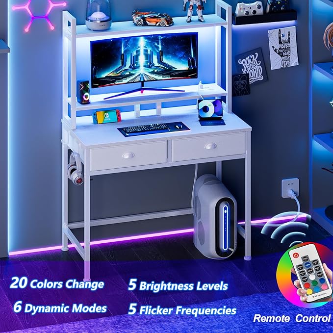 Furologee Small White Computer Desk with Power Outlet and 2 Fabric Drawers, Gaming Desk with LED light, Home Office Desk with Monitor Stand and Hutch for Small Space Working, Study Table with Shelf - LeafyLoom