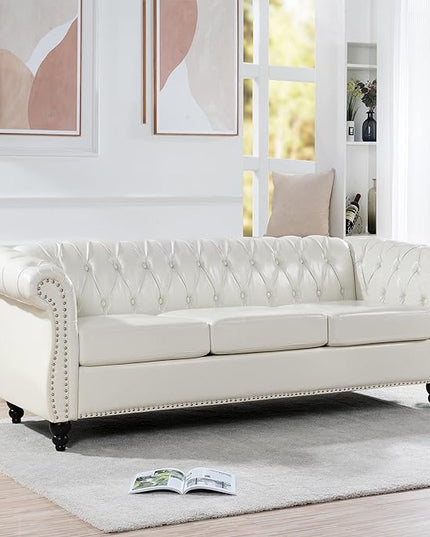 3-Seaters Living Room Clasic Chesterfield Sofa Couch Button Tufted PU Leather Upholstered Sofa&Couch with Luxury Roller Armrest Soild Wood Legs Movable Cushions & Nailhead Decor - LeafyLoom