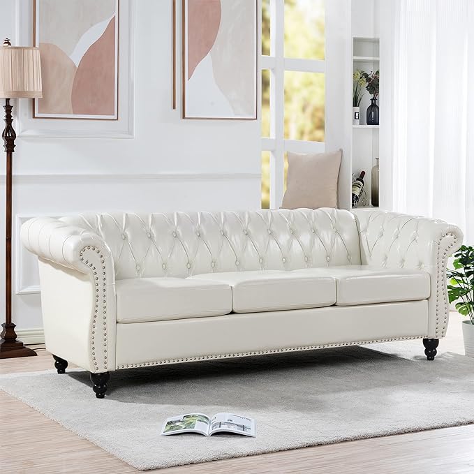 3-Seaters Living Room Clasic Chesterfield Sofa Couch Button Tufted PU Leather Upholstered Sofa&Couch with Luxury Roller Armrest Soild Wood Legs Movable Cushions & Nailhead Decor - LeafyLoom
