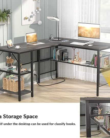 Unikito L Shaped Desk, Reversible Corner Computer Desks with Power Outlet and USB Charging Port, L- Shaped Office Desk with Storage Shelf and Under Bookshelf, Modern 2 Person Long Table, Enoch Walnut - LeafyLoom