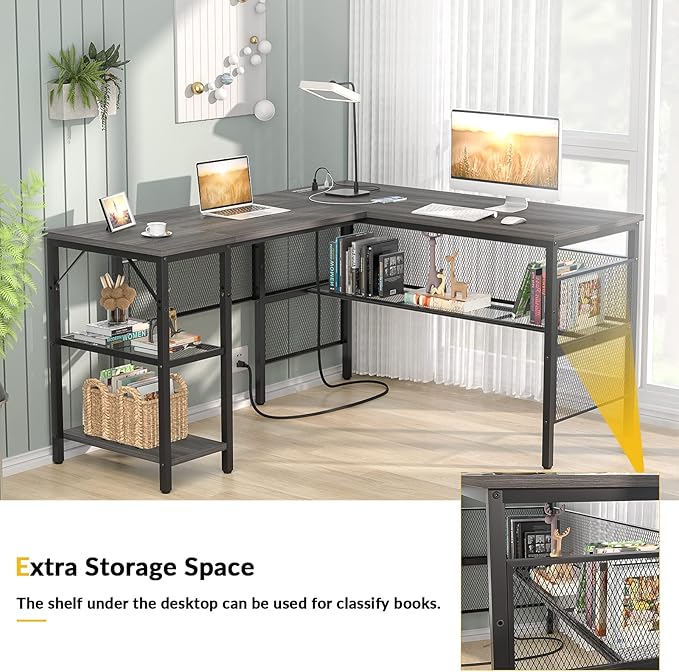 Unikito L Shaped Desk, Reversible Corner Computer Desks with Power Outlet and USB Charging Port, L- Shaped Office Desk with Storage Shelf and Under Bookshelf, Modern 2 Person Long Table, Enoch Walnut - LeafyLoom